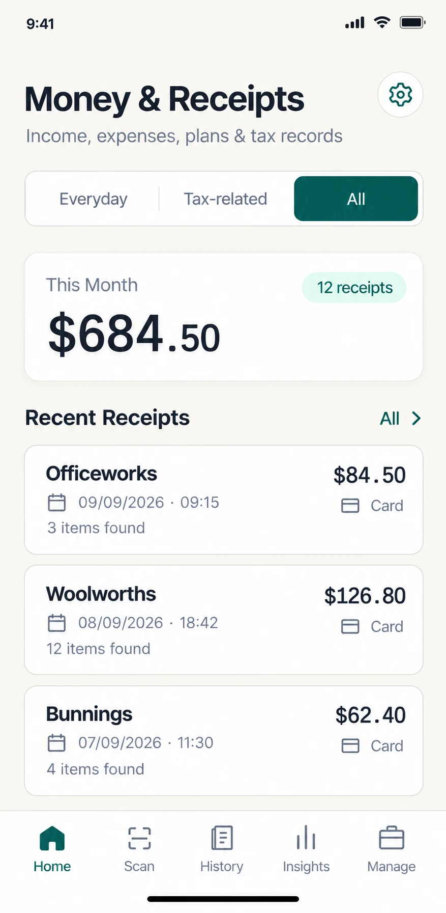 Money & Receipts dashboard illustration showing monthly spending, recent receipts and five-tab navigation with demo data.